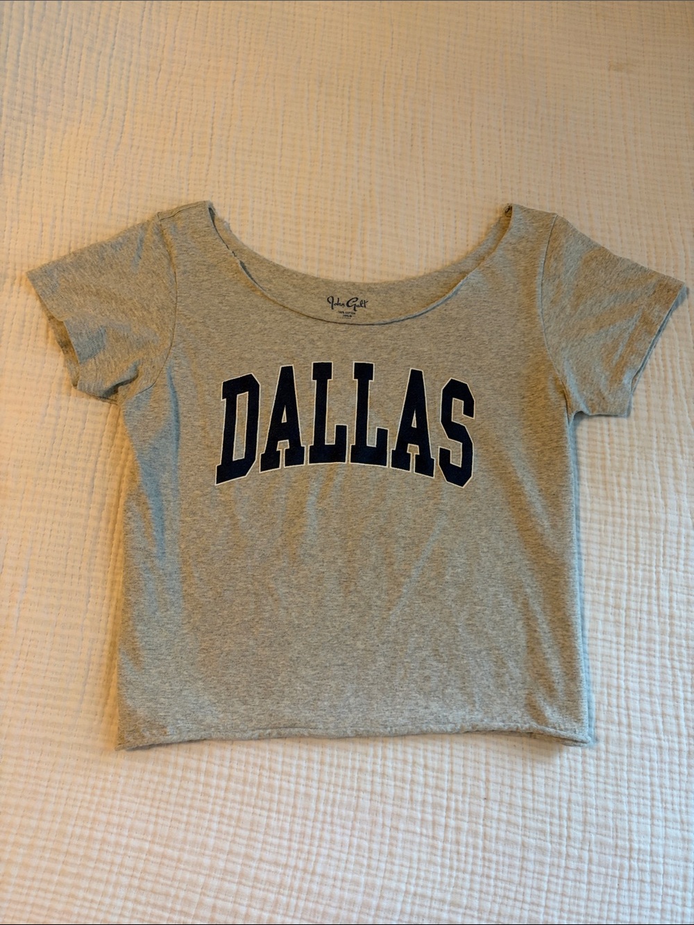 Grey Off-Shoulder Graphic Tee from Brandy Melville